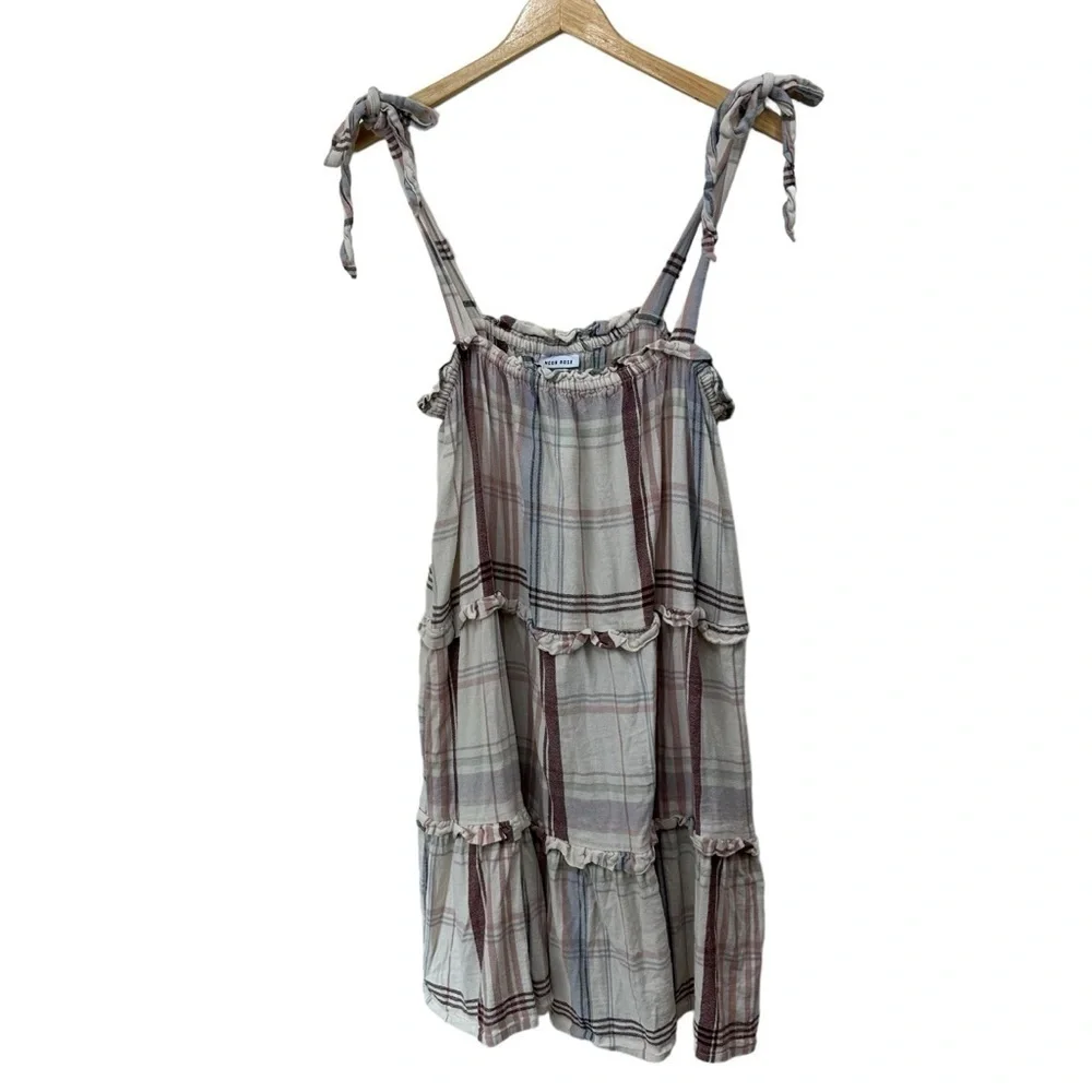 Cottagecore Tiered Smock Dress with Tie Shoulders, Creamy White Plaid, XL
